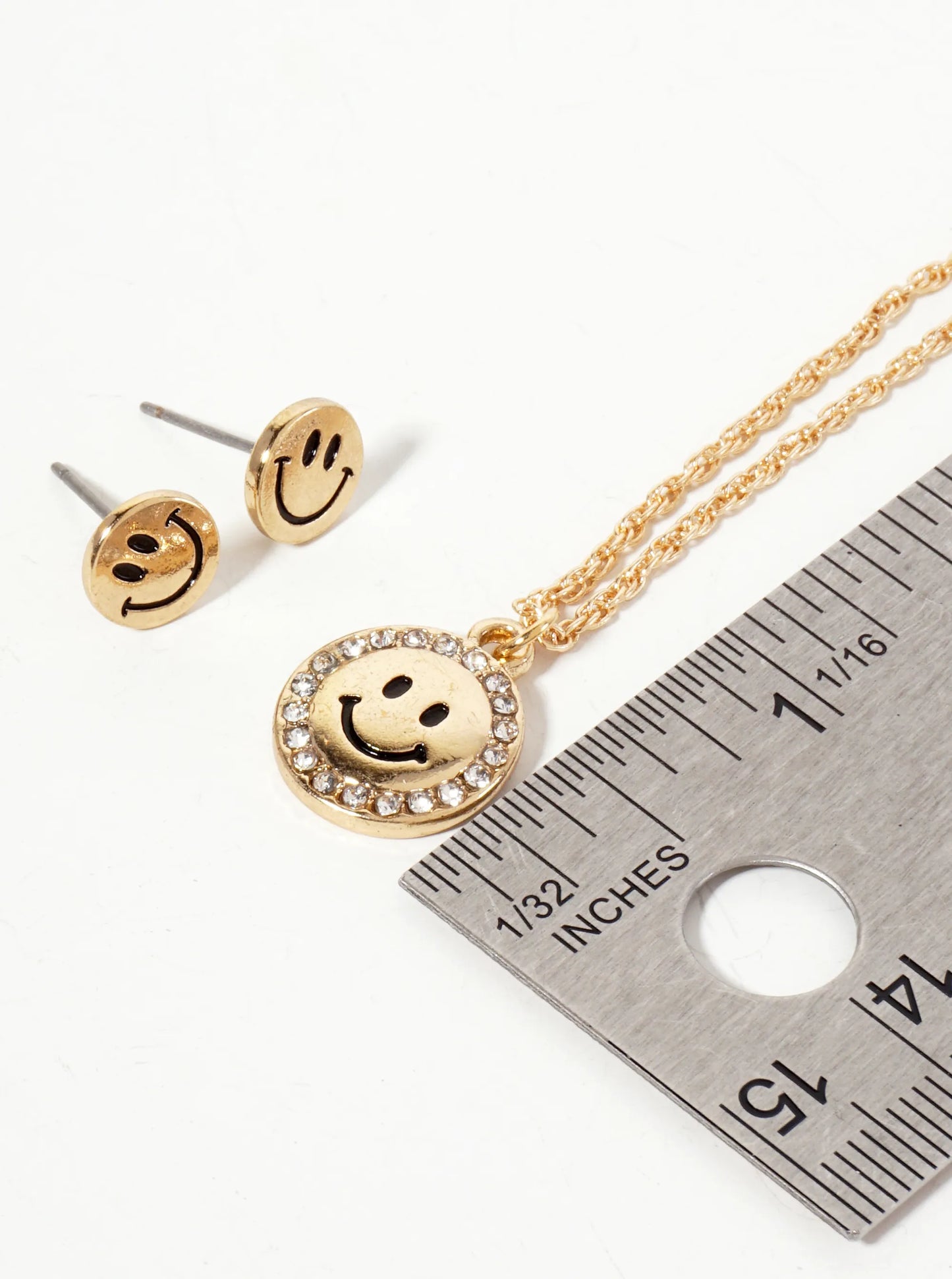 Crystal-Pave Round Smiley-Face Pendant Necklace Set-with-Earrings