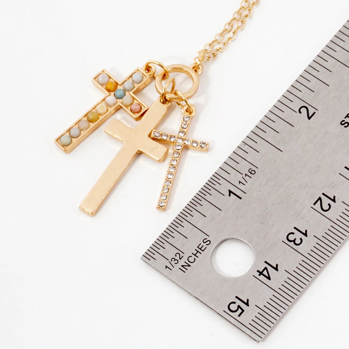 Crystal-Pave Semi-Precious Natural-Stone Cross Trio Pendant Necklace