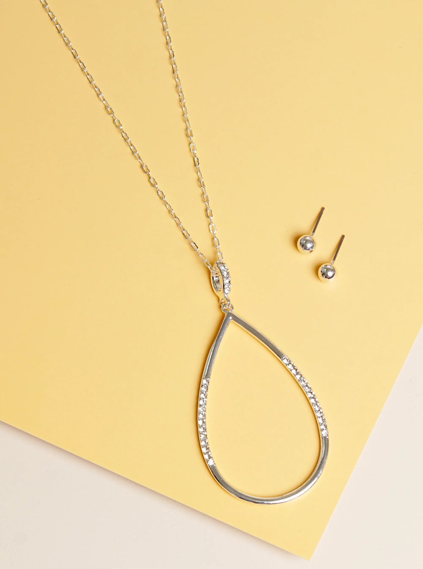 Crystal Pave Teardrop Pendant 32 Inch Long Necklace Set With Earrings