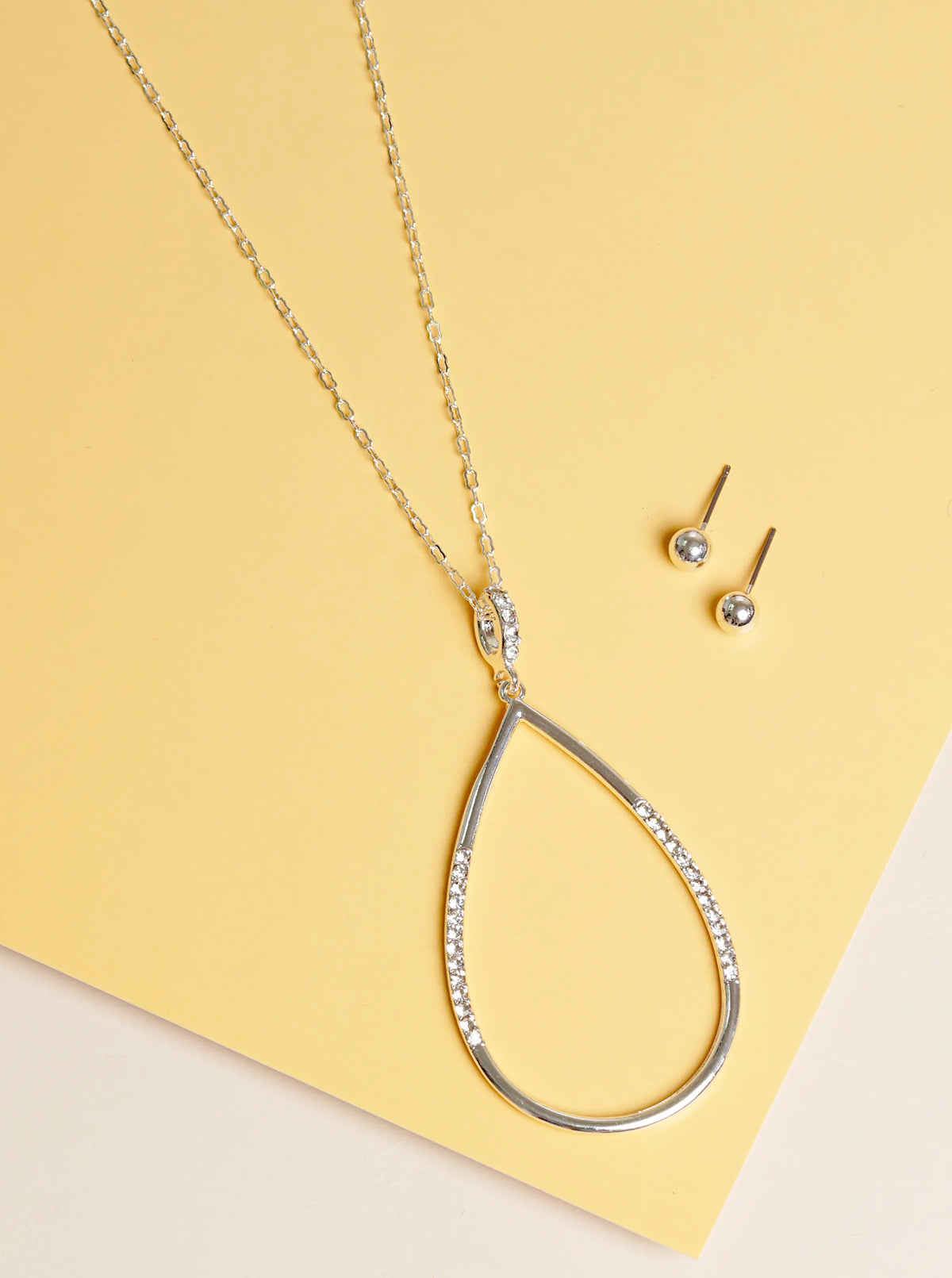 Crystal Pave Teardrop Pendant 32 Inch Long Necklace Set With Earrings