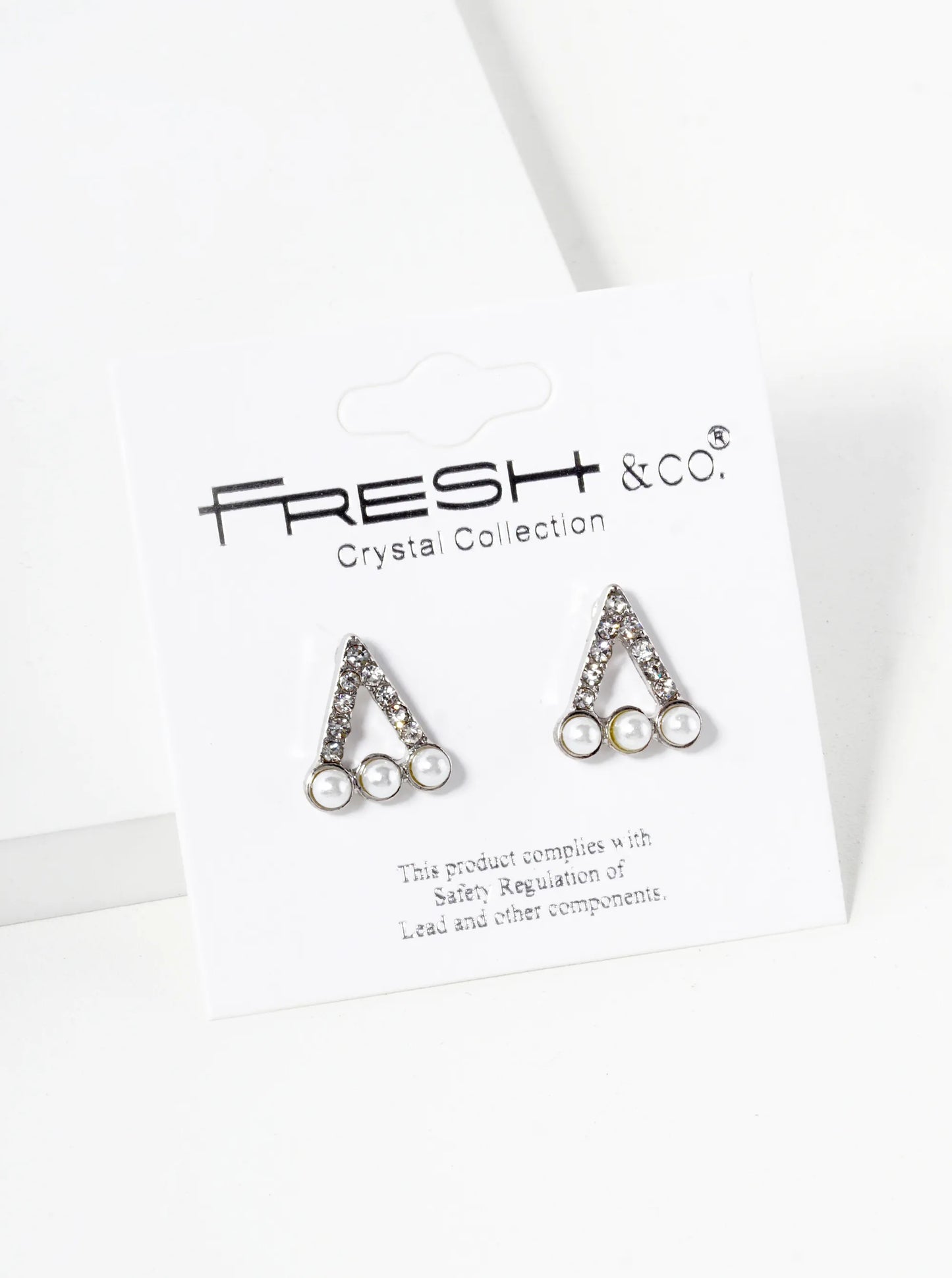 Crystal Pave Three Pearl Beaded 13mm Triangle Stud Earrings