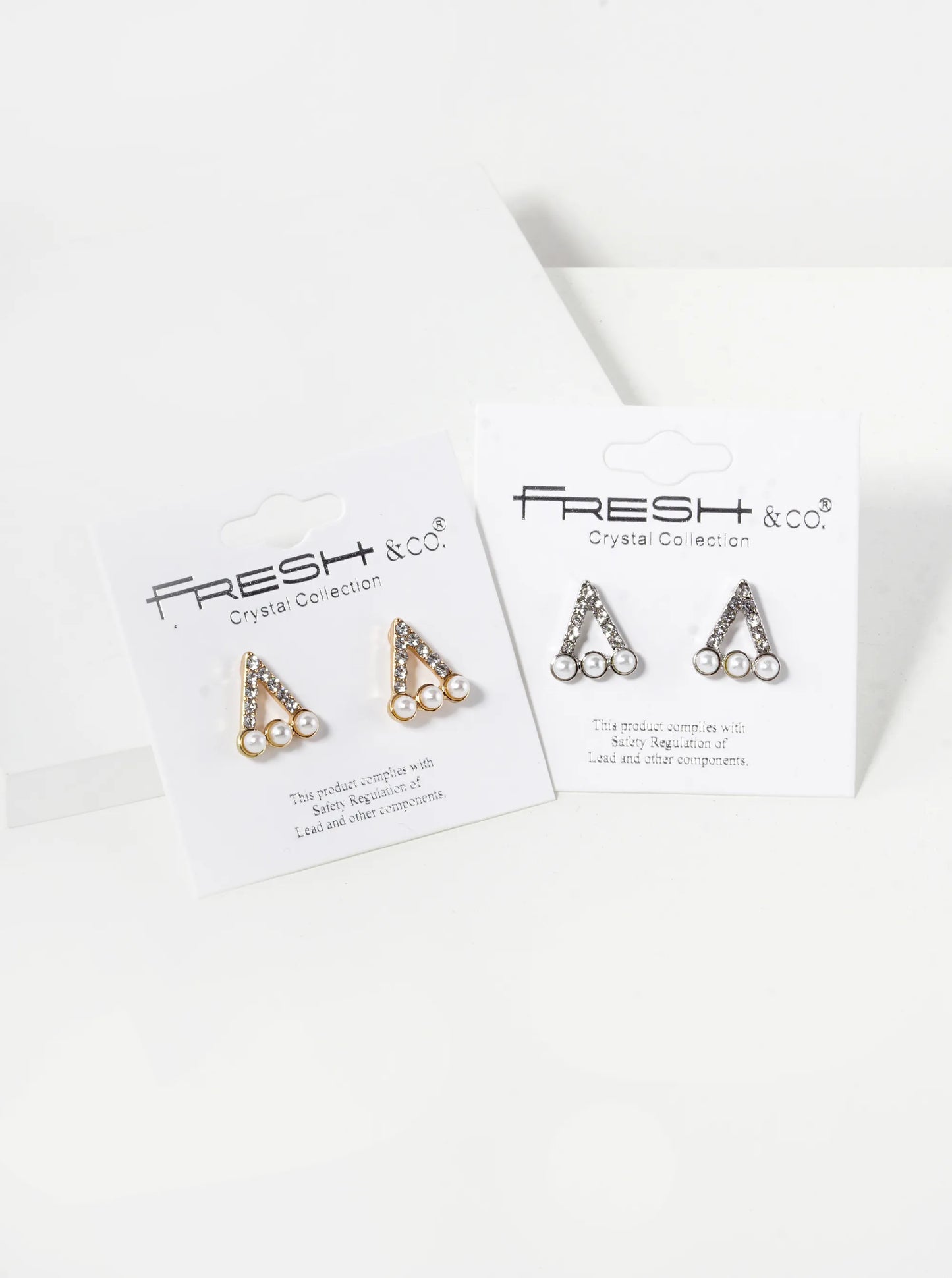 Crystal Pave Three Pearl Beaded 13mm Triangle Stud Earrings