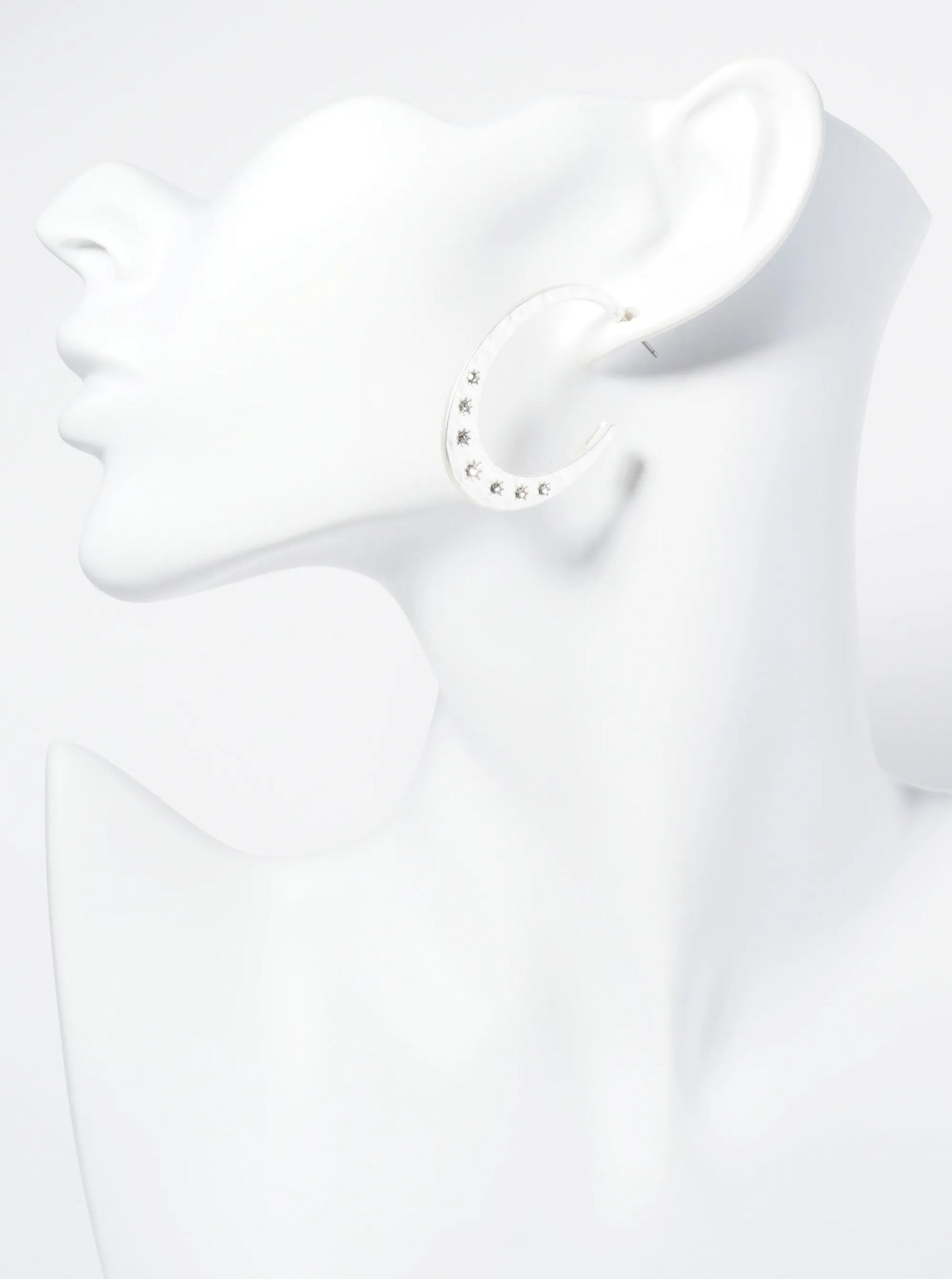 Crystal Studded Hammered Metal Oval Shape Wide Hoop Earrings