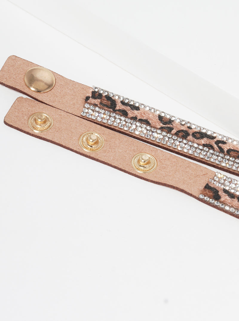 Crystal Studded Snake Skin Print Leatherette Wrap Around Bracelet