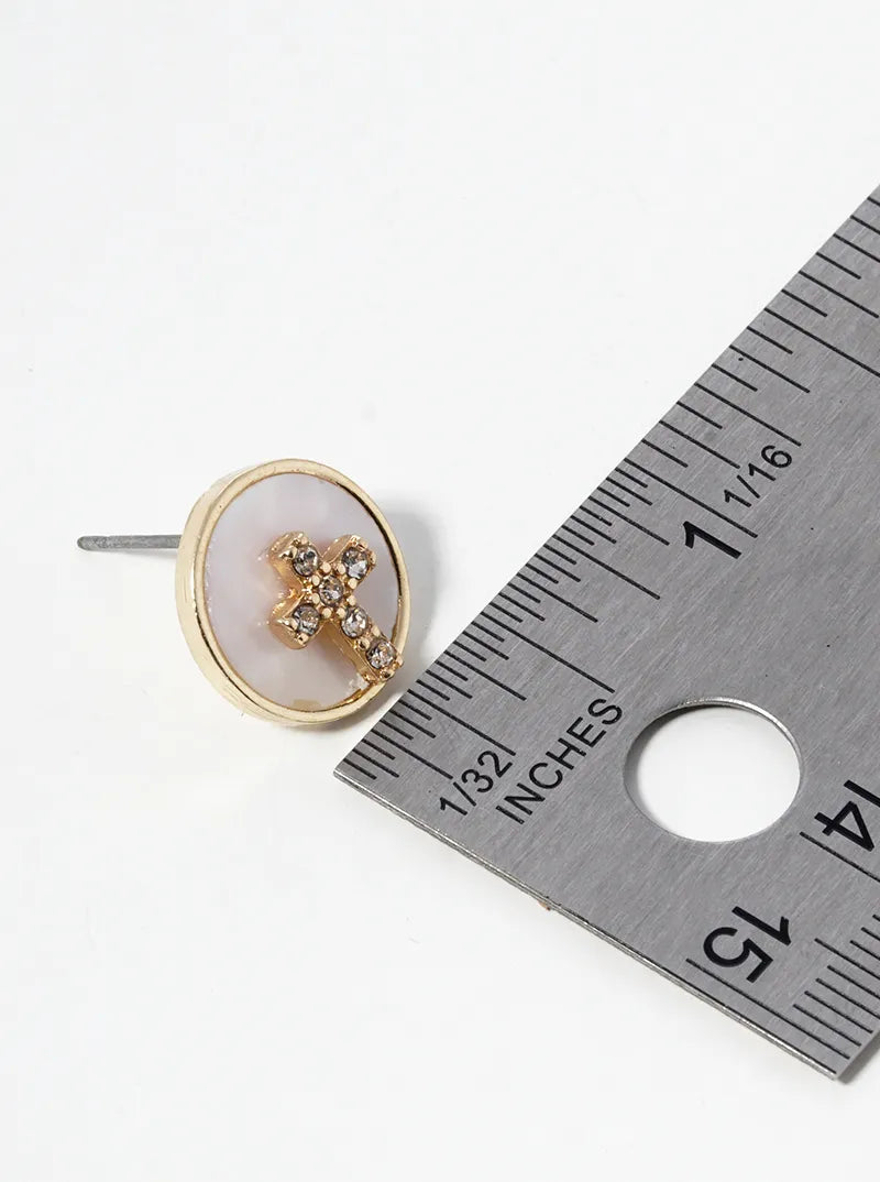 Crystal Cross On Round MOP Button Post Earrings