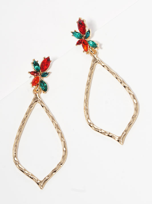 Crystal Hammered Moroccan Shape Metal Post Dangle Drop Earrings