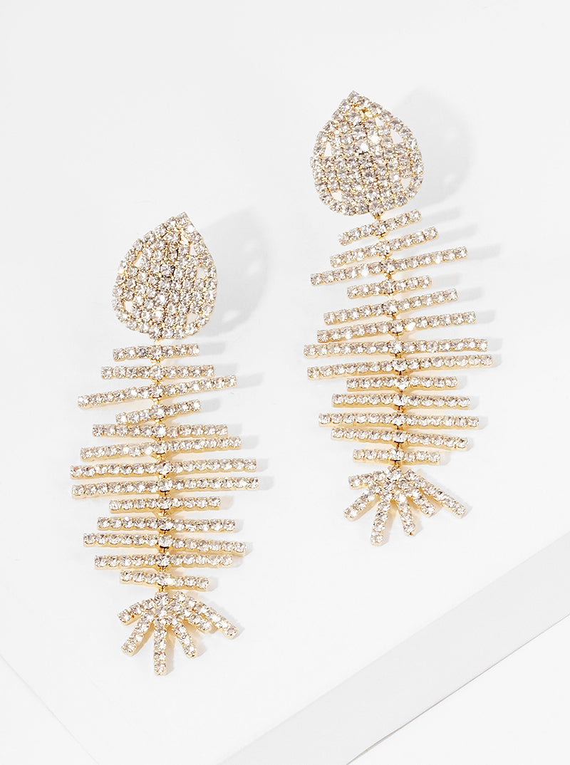 Crystal Pave Fishbone Dangle Drop Earrings