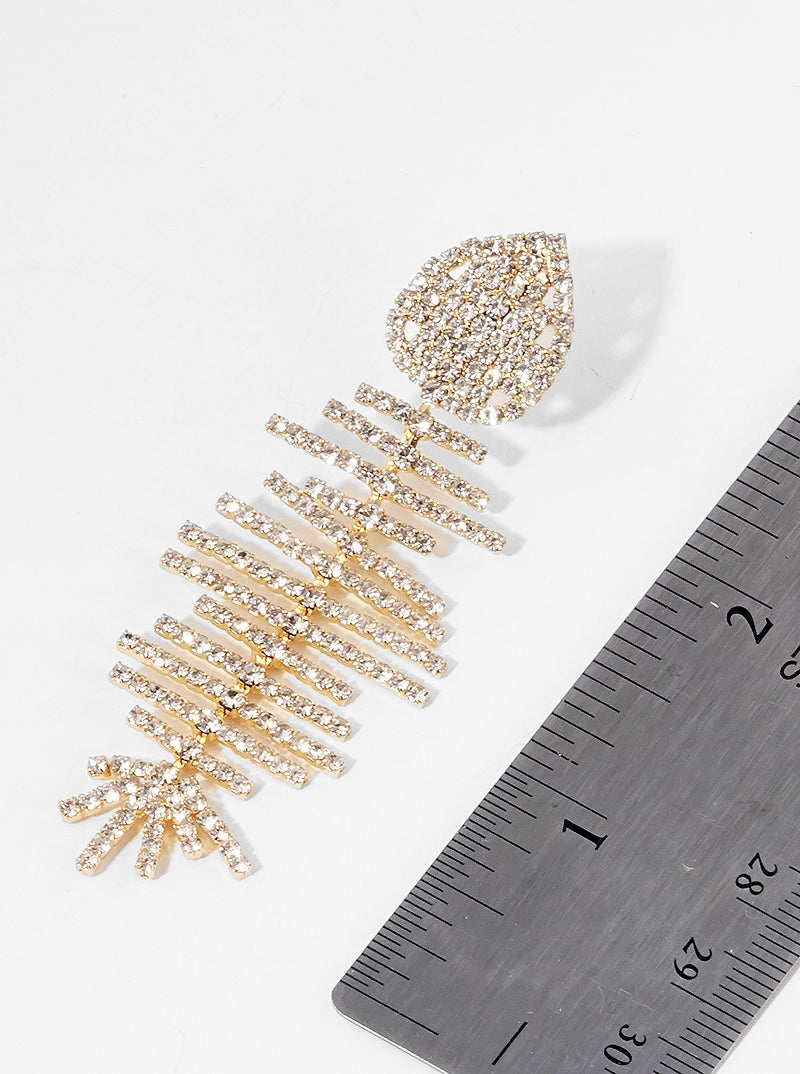 Crystal Pave Fishbone Dangle Drop Earrings