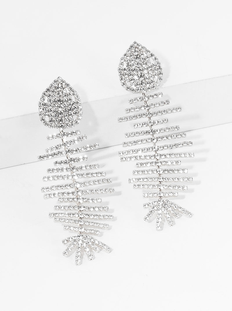 Crystal Pave Fishbone Dangle Drop Earrings
