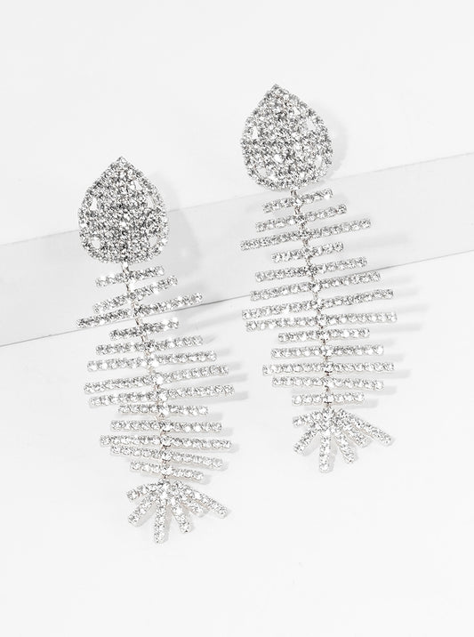 Crystal Pave Fishbone Dangle Drop Earrings