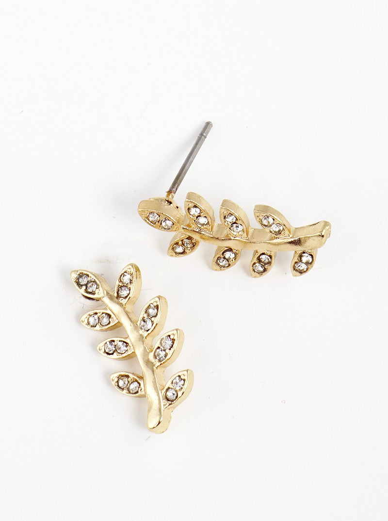 Crystal Pave Hammered Leaf Metal Post Stud Earrings