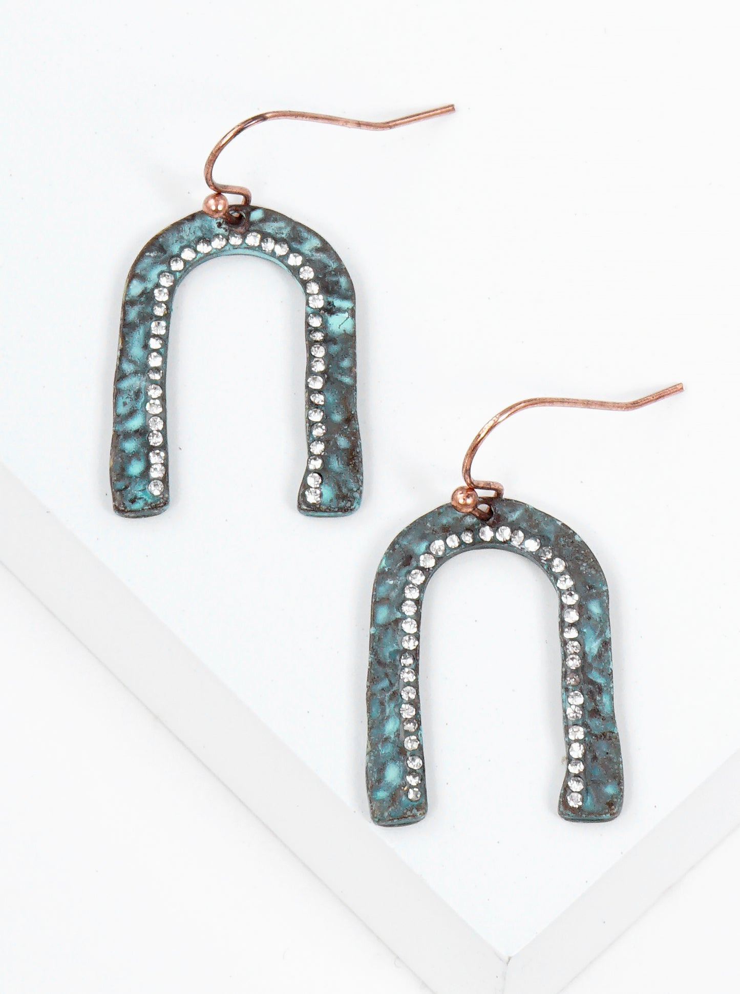 Crystal Pave Hammered Metal Arch Lightweight Fishhook Dangle Drop Earrings