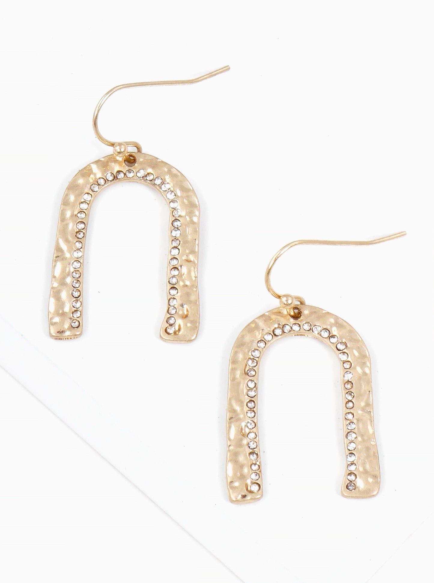 Crystal Pave Hammered Metal Arch Lightweight Fishhook Dangle Drop Earrings