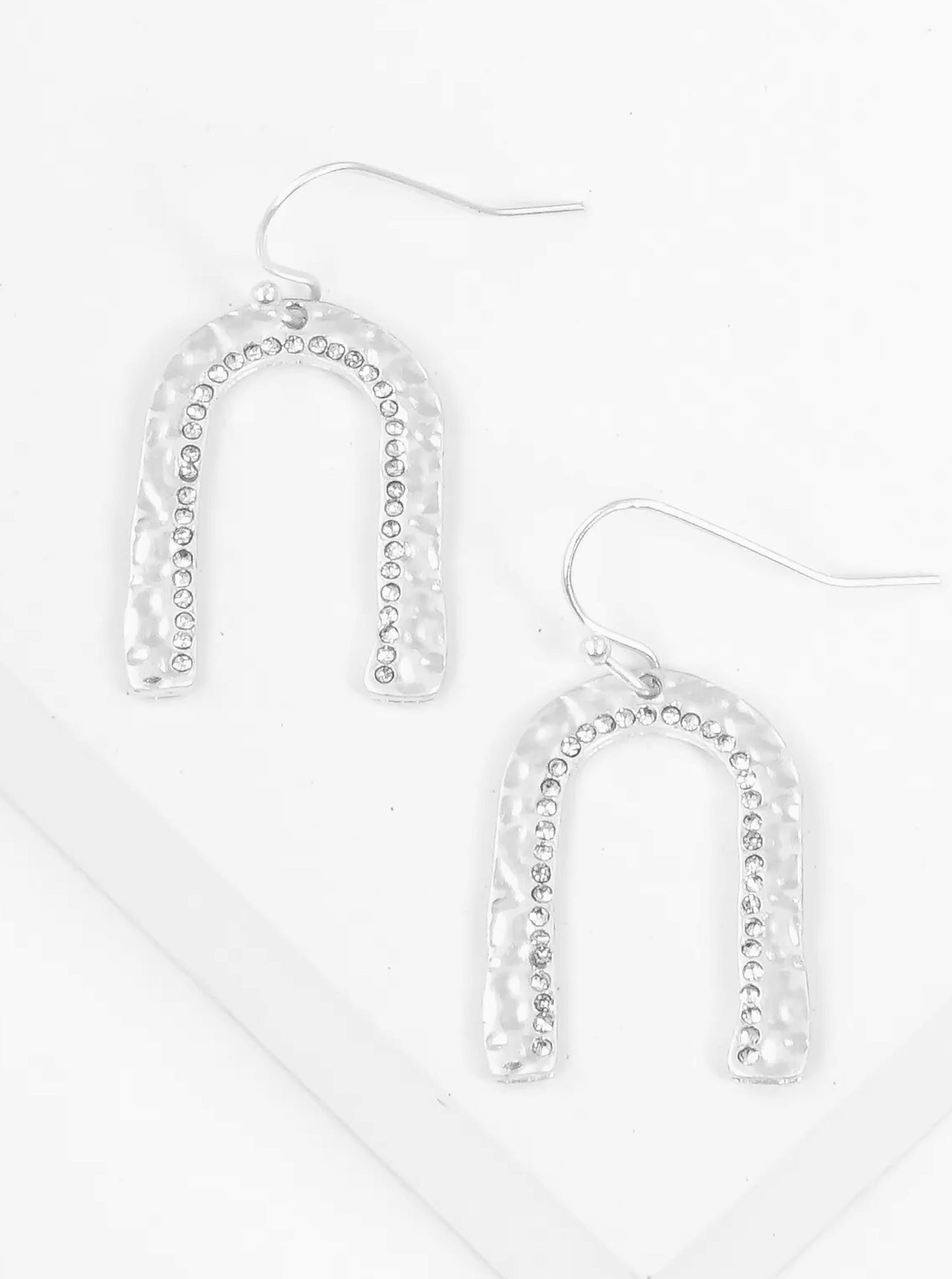 Crystal Pave Hammered Metal Arch Lightweight Fishhook Dangle Drop Earrings