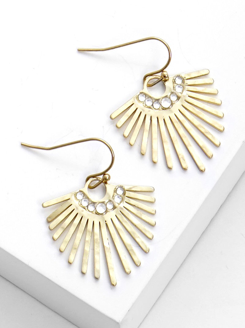 Crystal Pave Hammered Metal Fan Shaped  Lightweight Fish Hook Dangle Drop Earrings