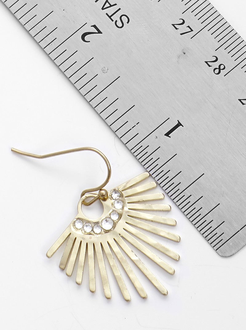 Crystal Pave Hammered Metal Fan Shaped Lightweight Fish Hook Dangle Drop Earrings