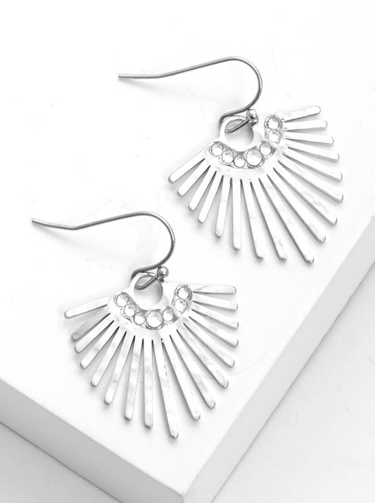 Crystal Pave Hammered Metal Fan Shaped  Lightweight Fish Hook Dangle Drop Earrings