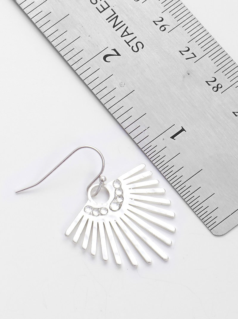 Crystal Pave Hammered Metal Fan Shaped  Lightweight Fish Hook Dangle Drop Earrings