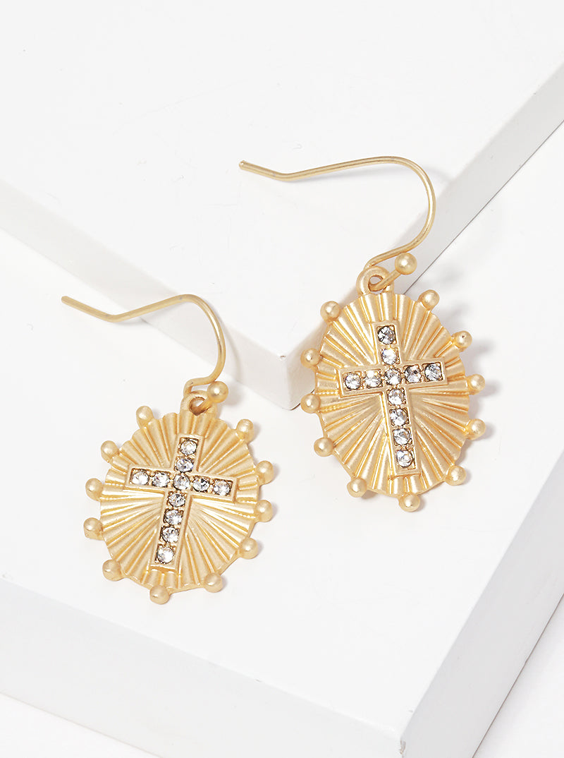 Crystal Pave Oval Cross Fish Hook Dangle Drop Earrings