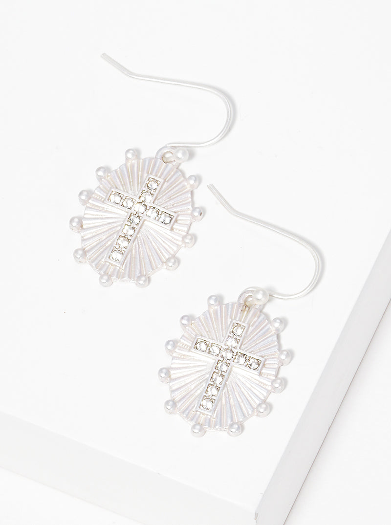 Crystal Pave Oval Cross Fish Hook Dangle Drop Earrings