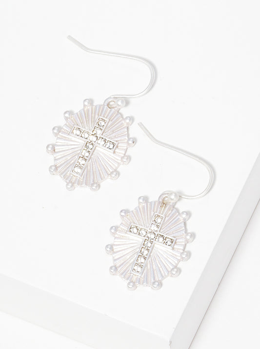 Crystal Pave Oval Cross Fish Hook Dangle Drop Earrings