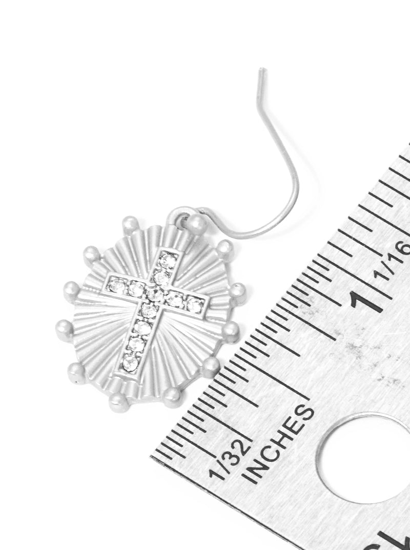 Crystal Pave Oval Cross Fish Hook Dangle Drop Earrings