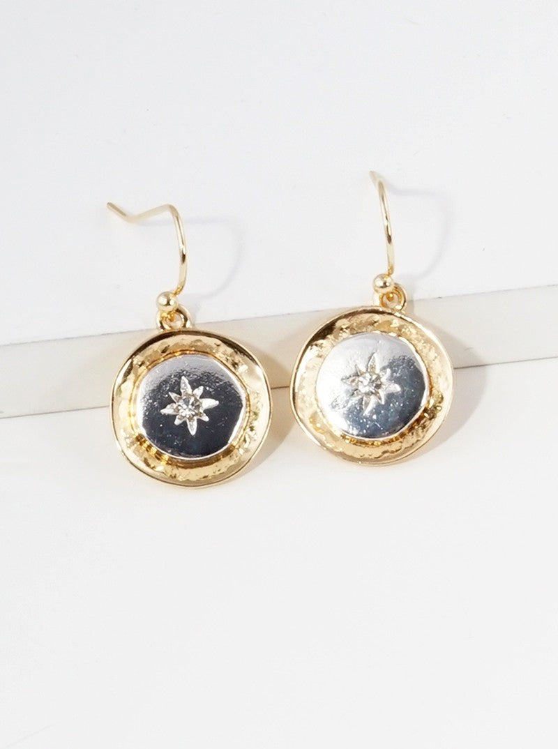 Crystal Pave Starburst Two Tone Metal Dangle Drop Earrings