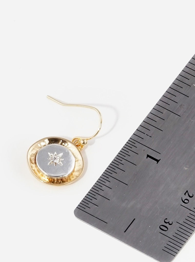Crystal Pave Starburst Two Tone Metal Dangle Drop Earrings