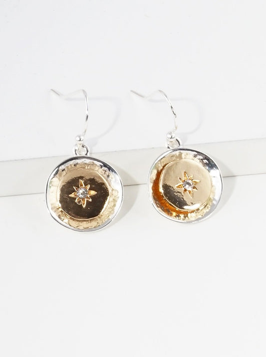 Crystal Pave Starburst Two Tone Metal Dangle Drop Earrings
