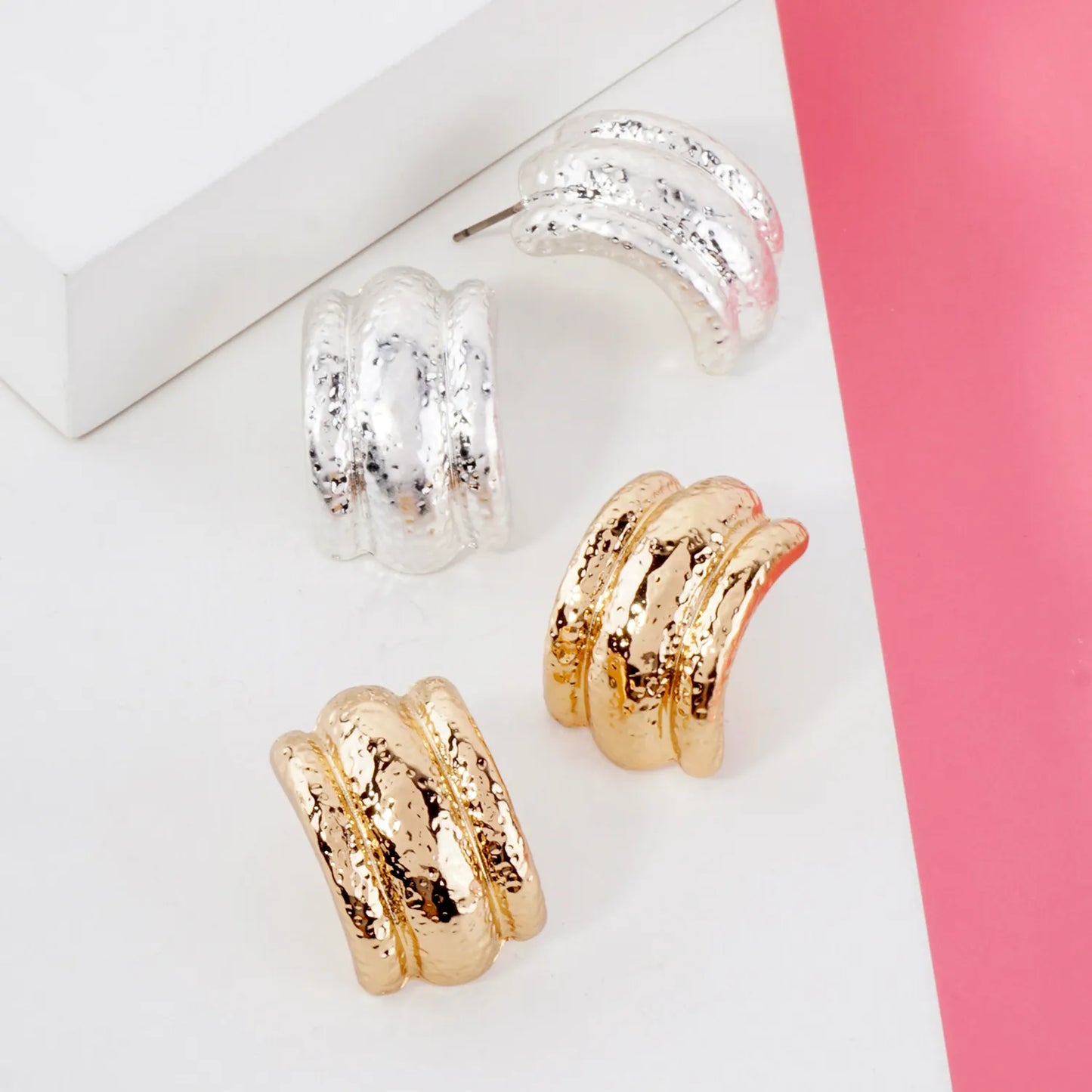 Curved Textured Metal Earrings With-Titanium-Post