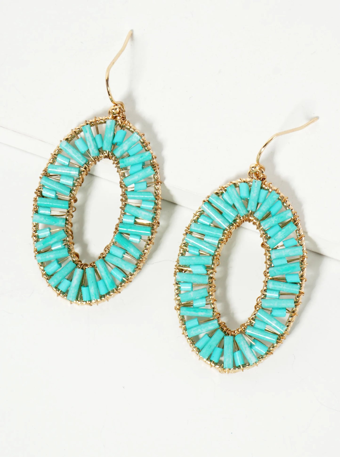 Cylinder Beads Wire Wrapped Oval Dangle Earrings