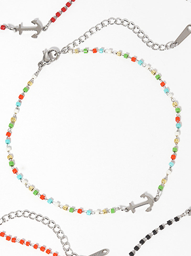 Cylinder Glass Bead With Anchor Stainless Steel Anklet MULTI