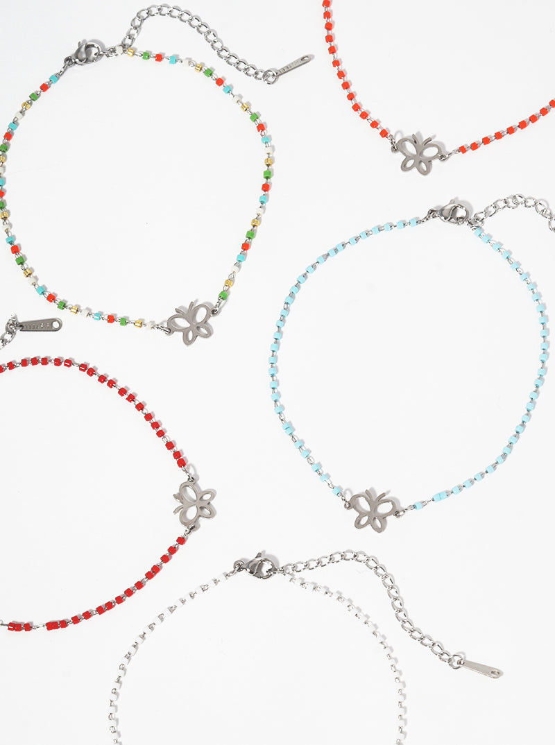 Cylinder Glass Bead With Butterfly Stainless Steel Anklet