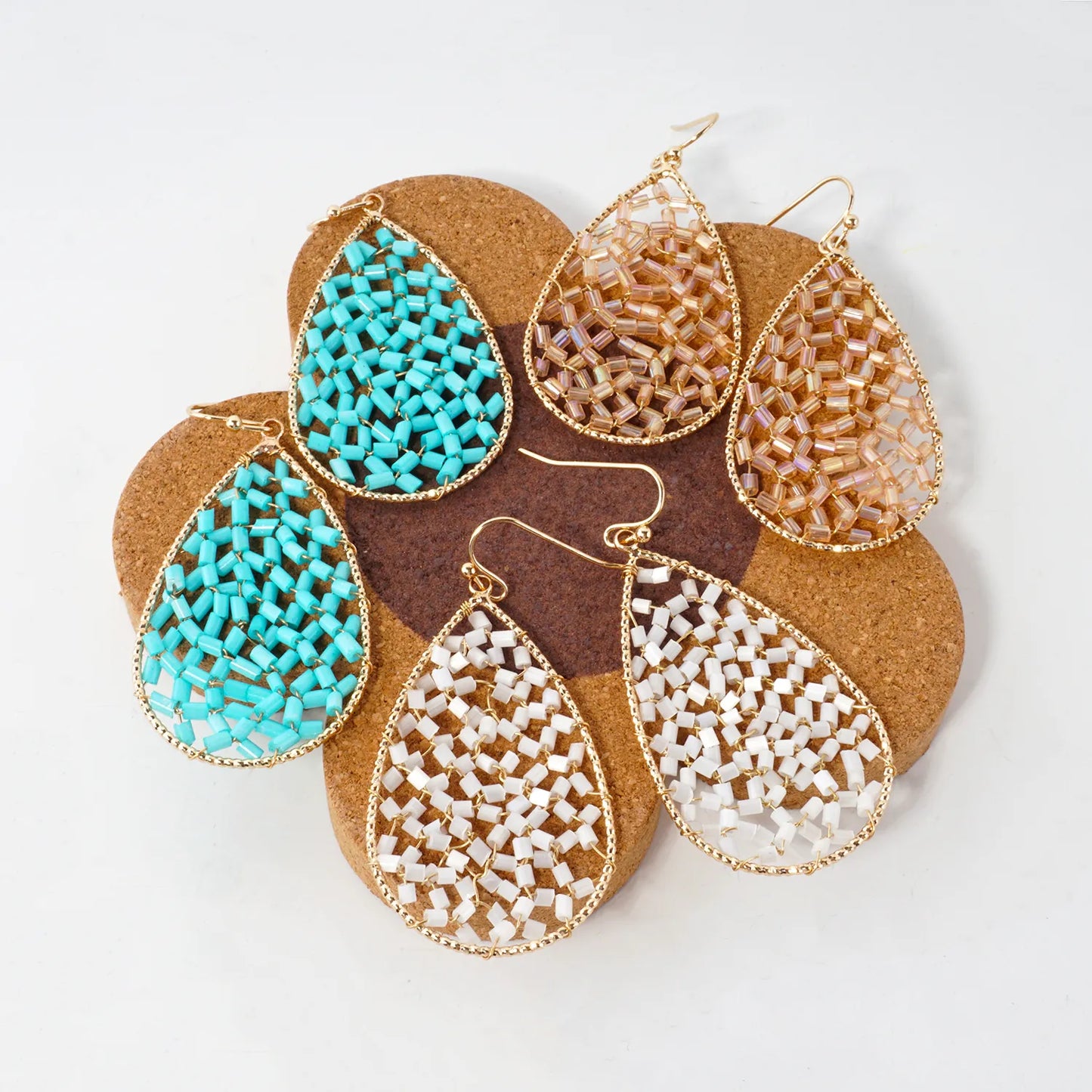 Cylinder Seed-Beads Wire Wrapped Teardrop Earrings