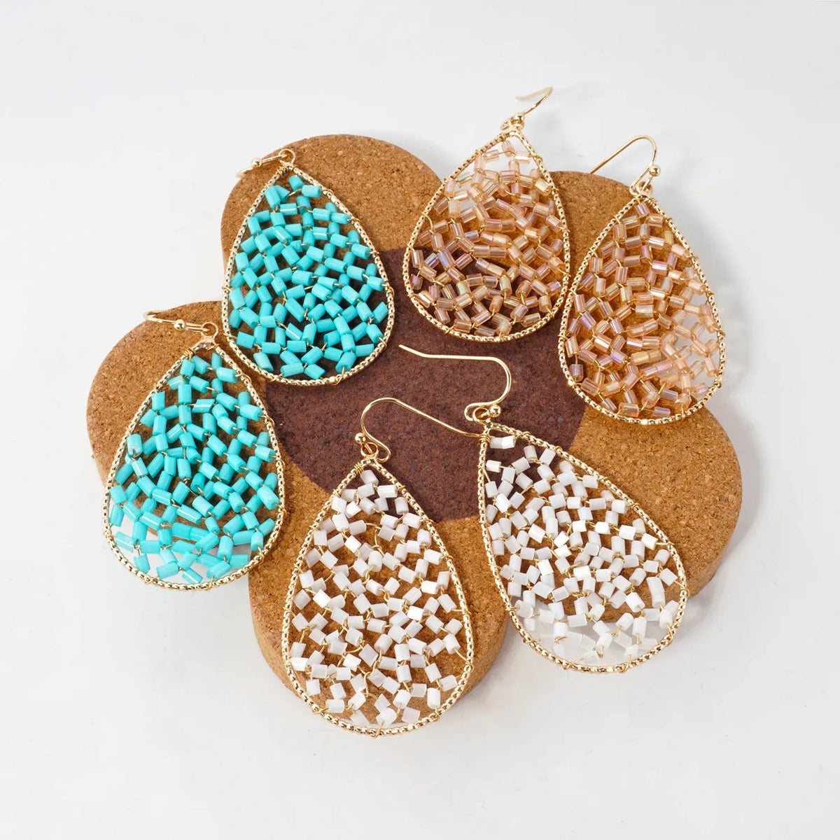 Cylinder Seed-Beads Wire Wrapped Teardrop Earrings