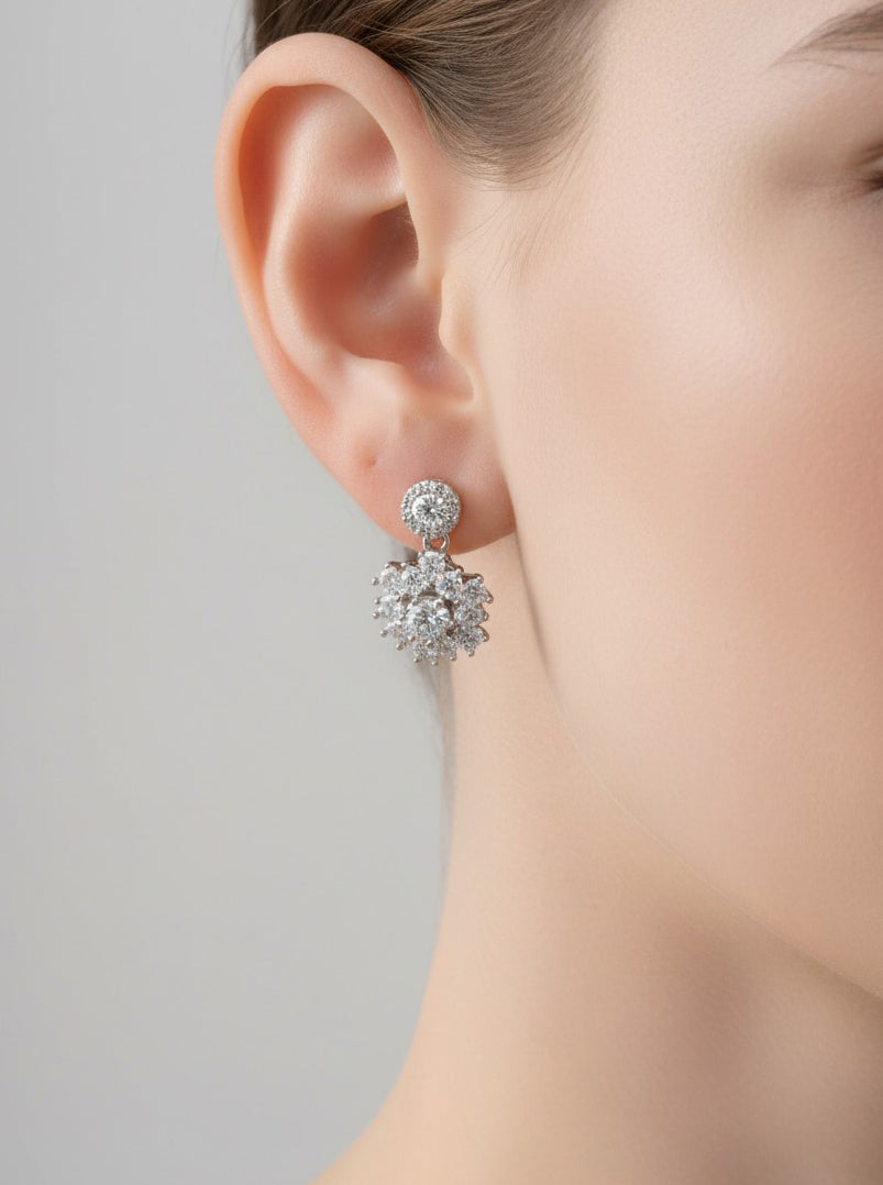 Floral CZ Cluster Drop Earrings