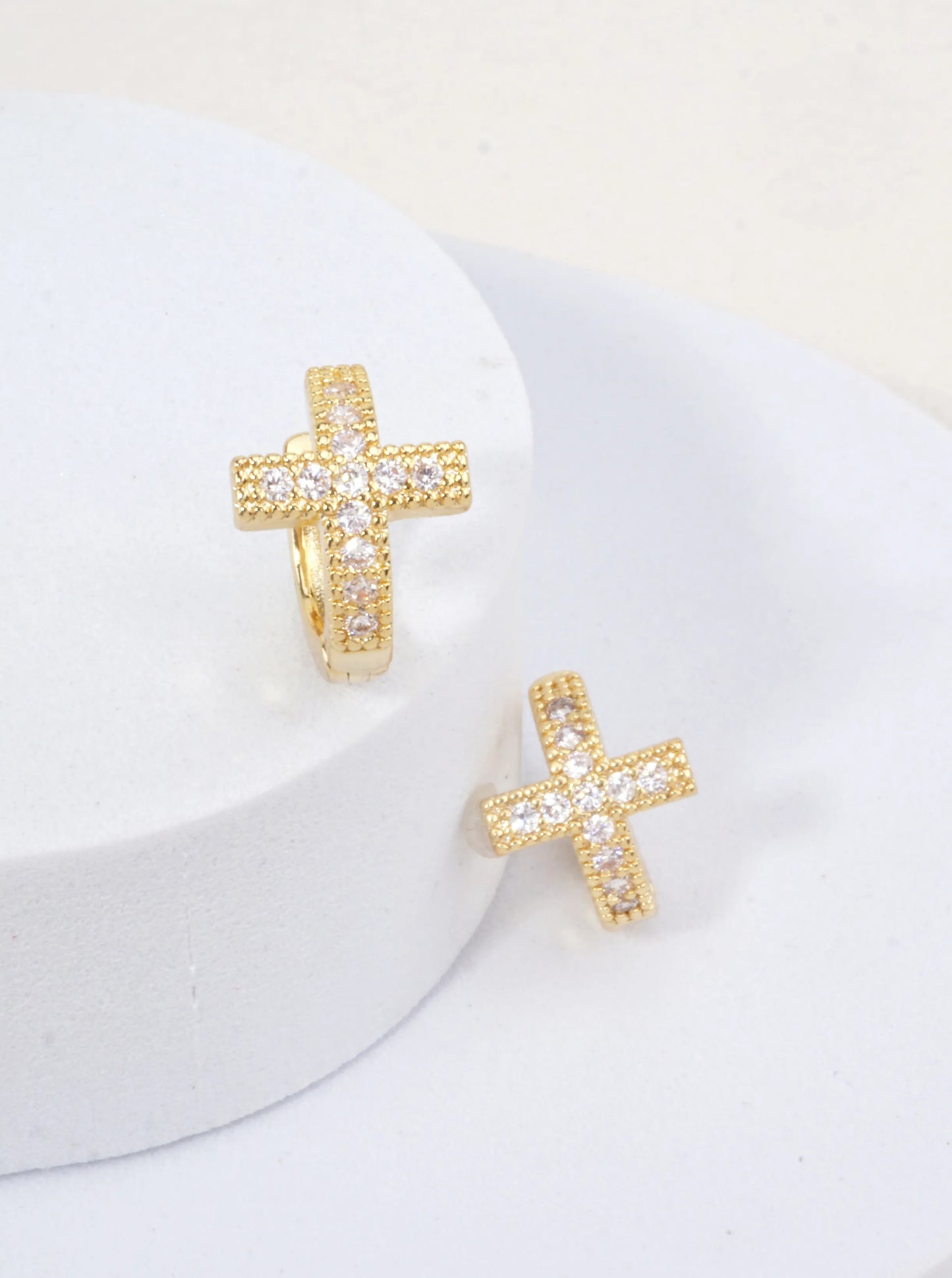 14K Gold Dipped CZ Cross Huggie Earrings