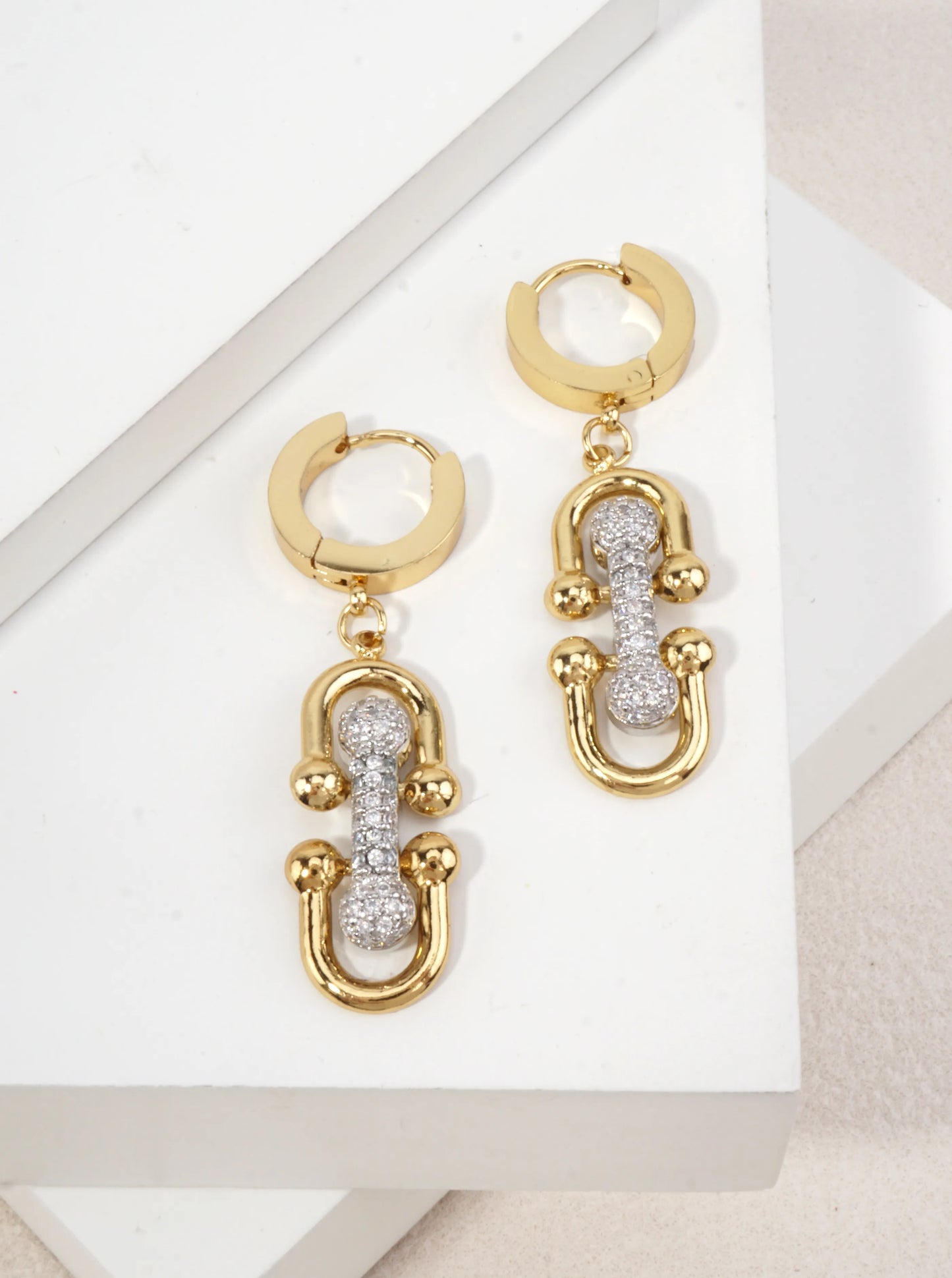 14K Gold Dipped Horsebit Dangle Earrings With CZ
