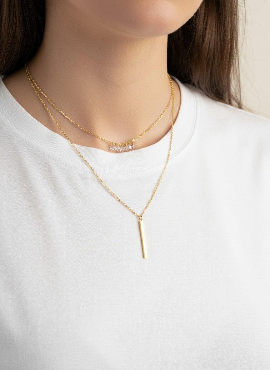 Brass Bar CZ 18K-Gold-Dipped Layered Necklace