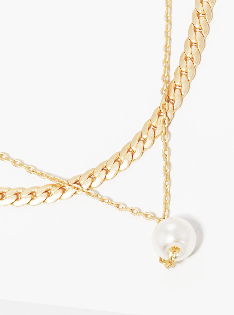 Dainty Glass Pearl Pendant Layered Chain Choker Necklace
