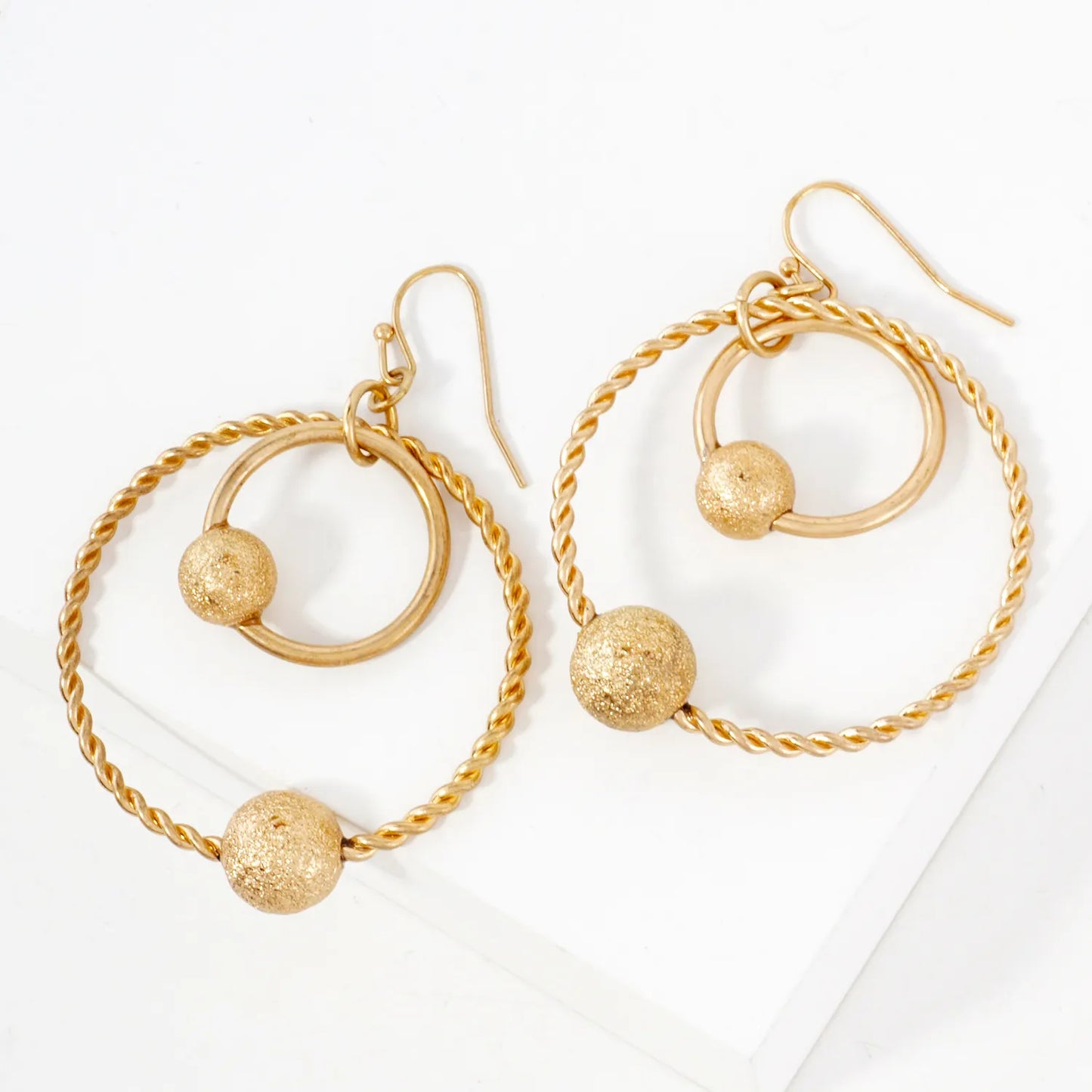 Double Circle Dangle Earrings With Sand-Texture Ball Accent