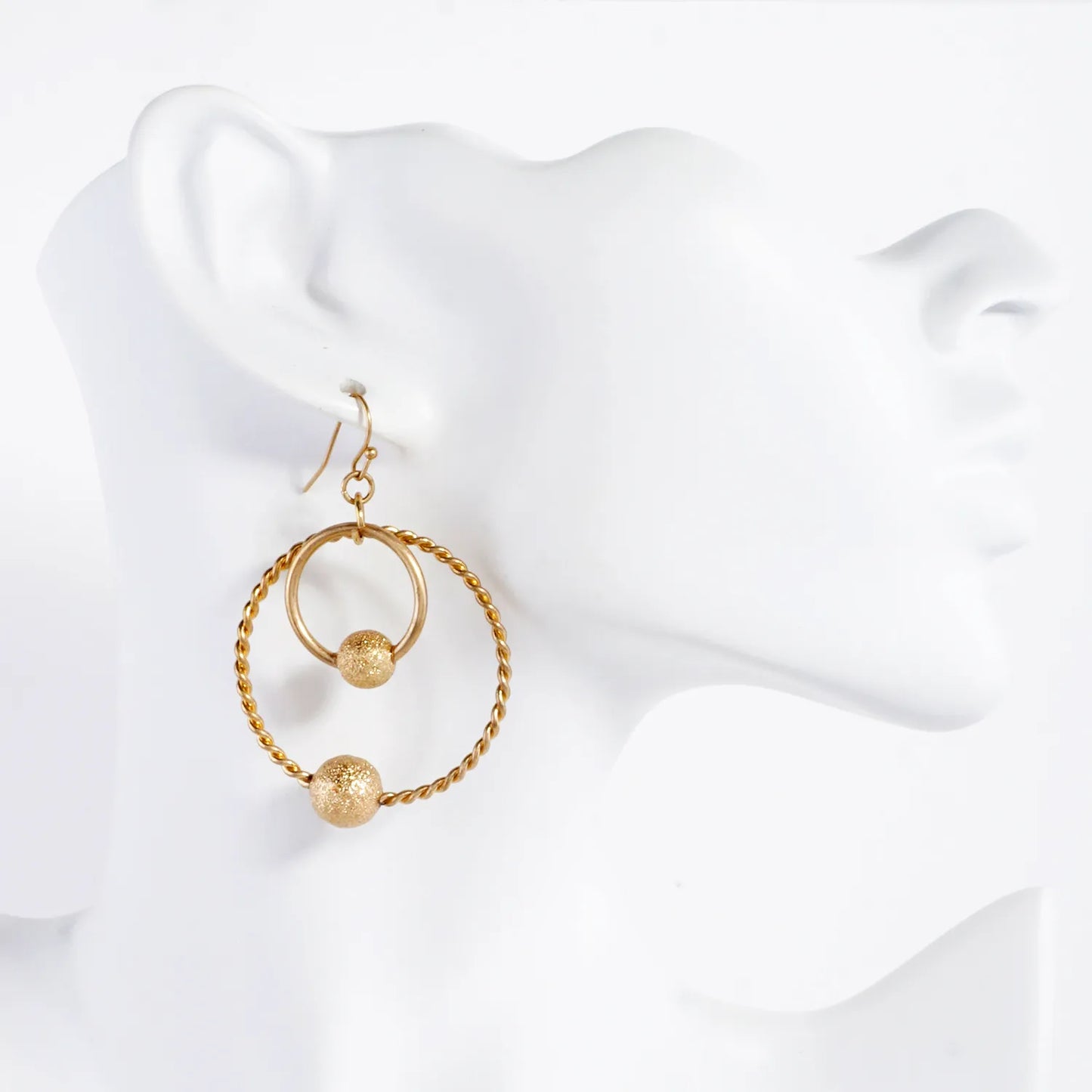 Double Circle Dangle Earrings With Sand-Texture Ball Accent