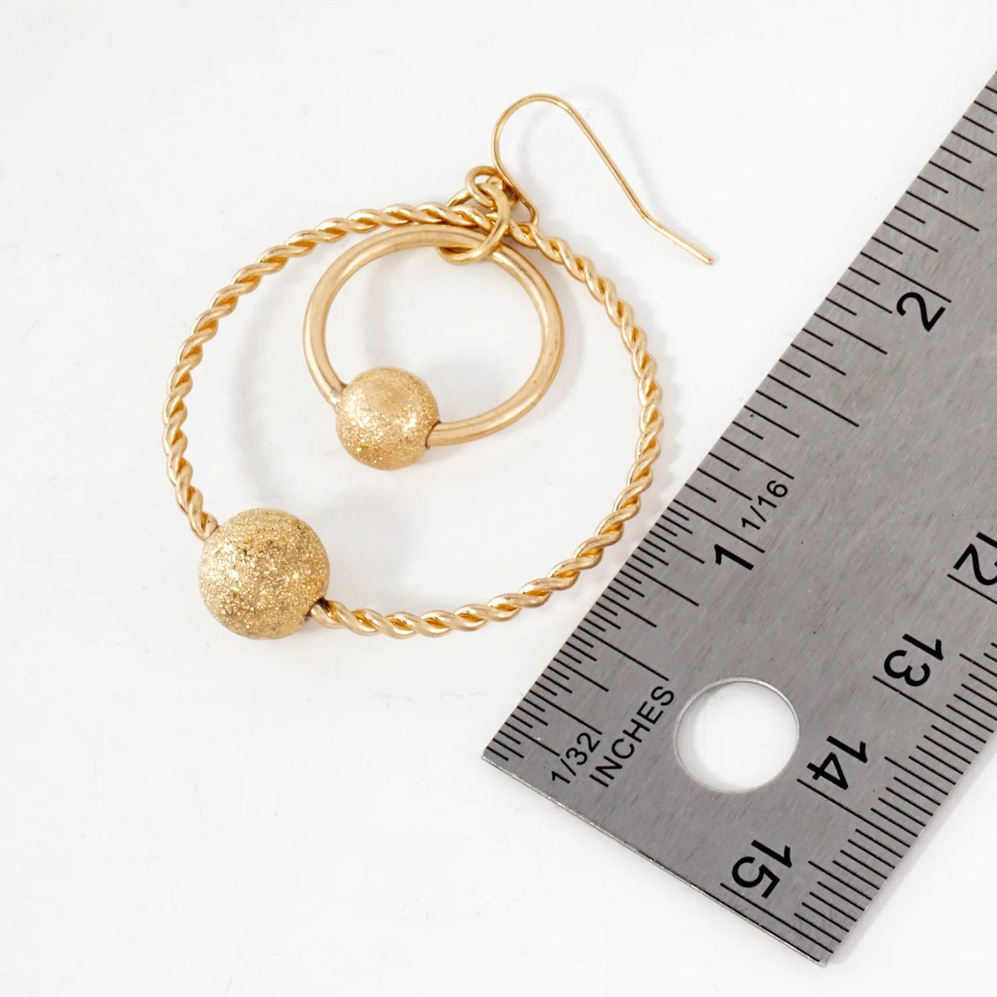 Double Circle Dangle Earrings With Sand-Texture Ball Accent