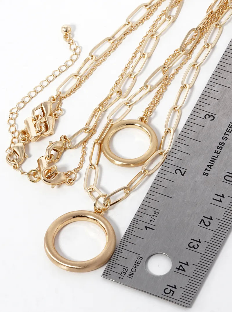Double Circle Pendant Layered Necklace Set With Earrings