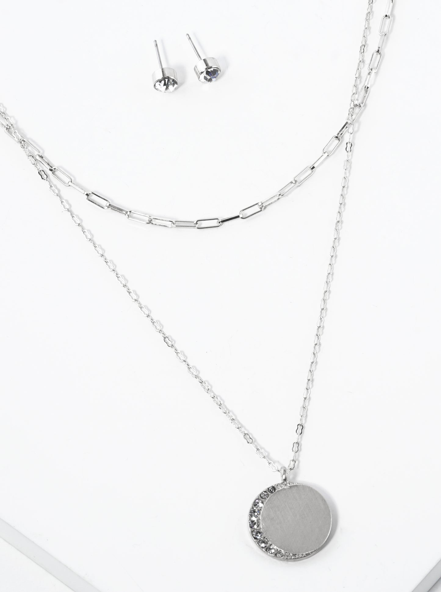 Double Layer Crescent Moon In Circle Pendant Necklace
