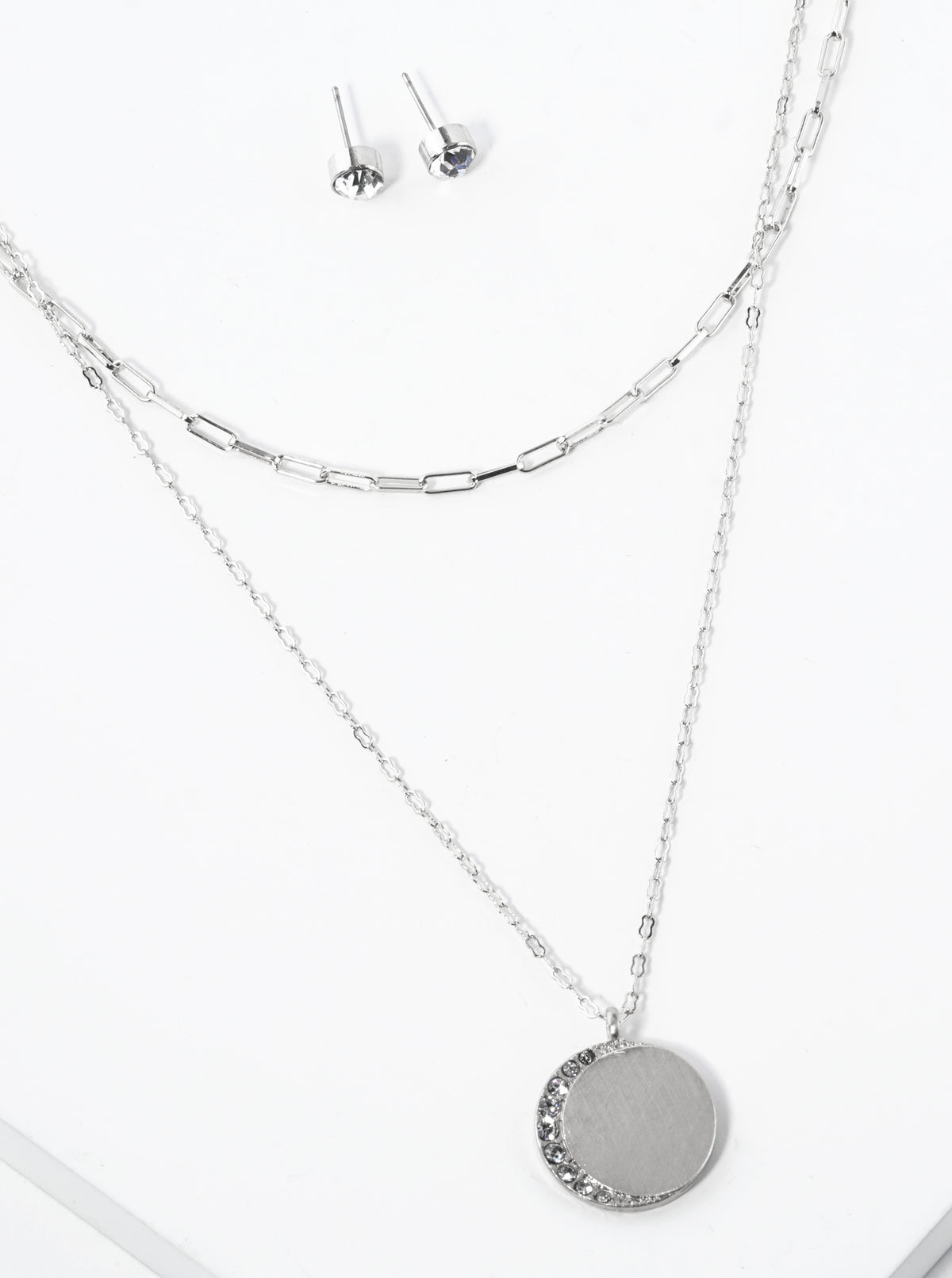 Double Layer Crescent Moon In Circle Pendant Necklace
