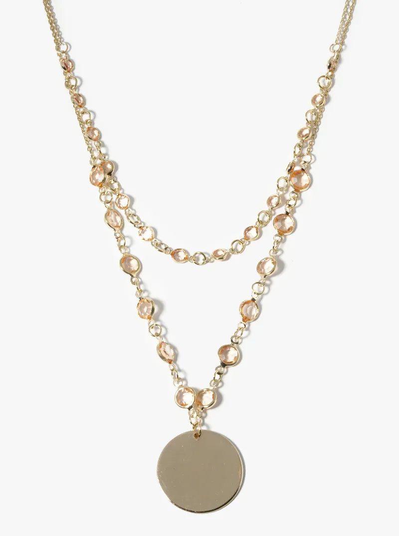 Double Layer Polished Round Pendant Necklace With Crystal Beads