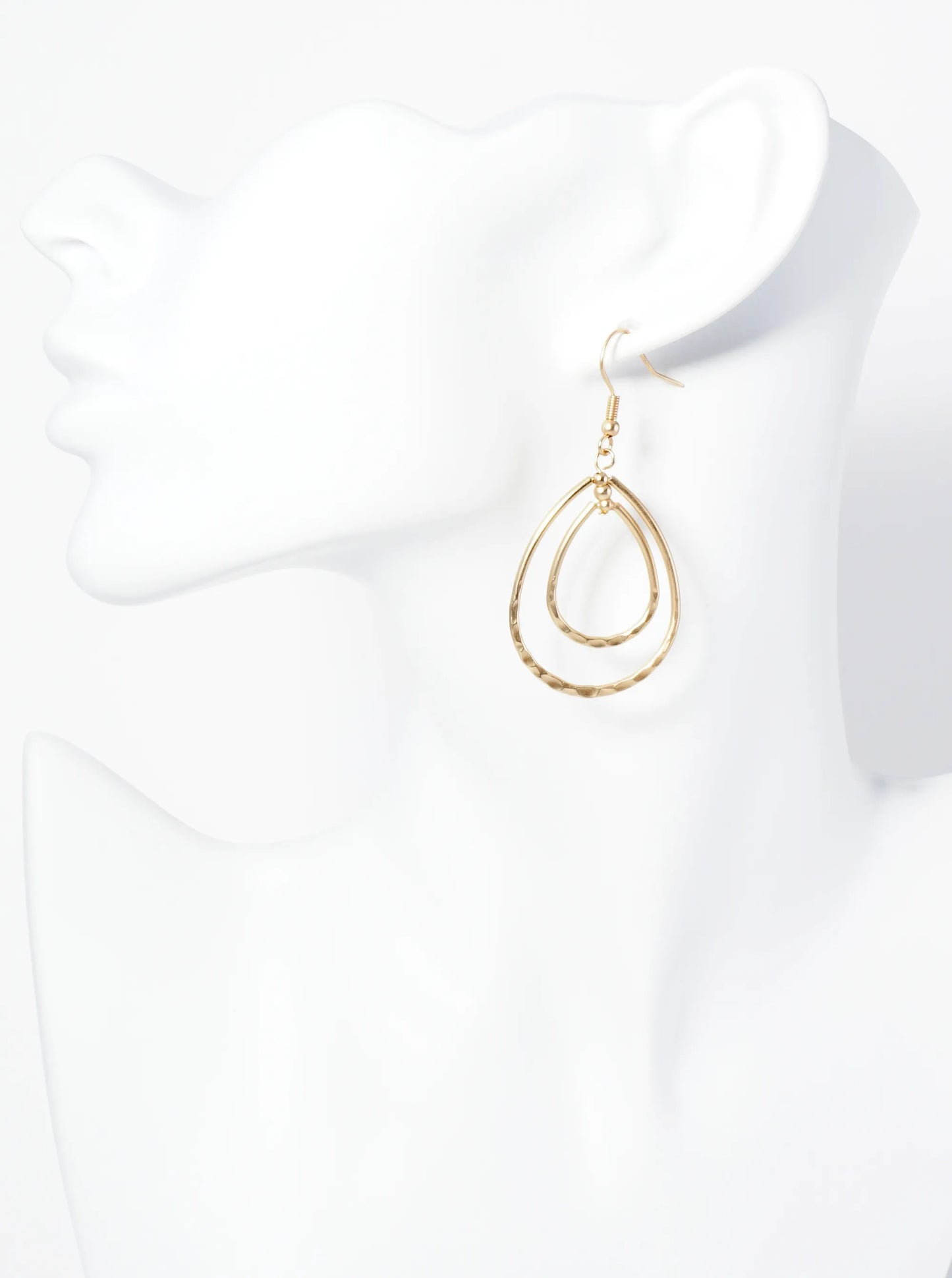 Double Teardrop Dangle Earrings With Hammered Texture In The Center