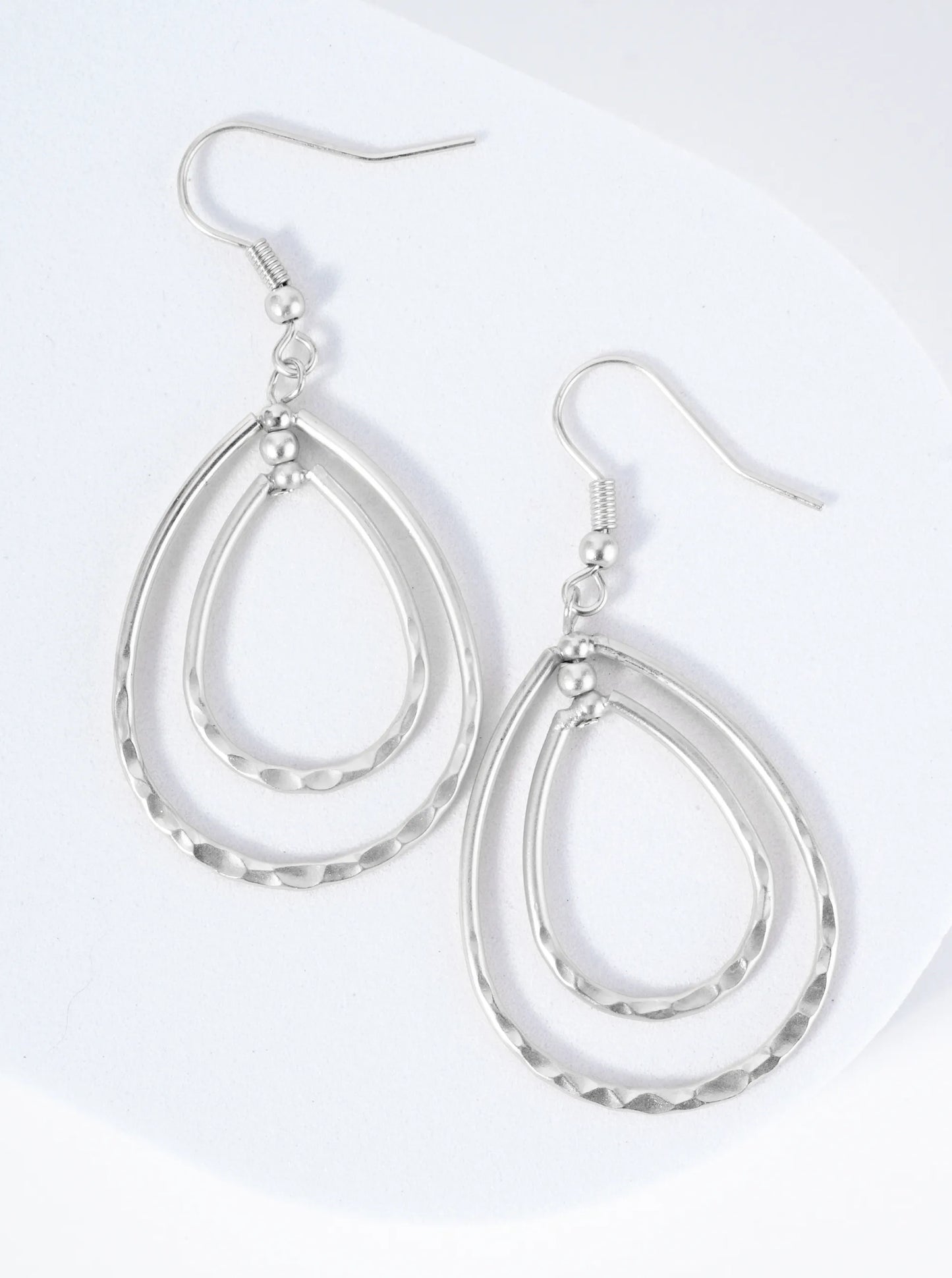 Double Teardrop Dangle Earrings With Hammered Texture In The Center