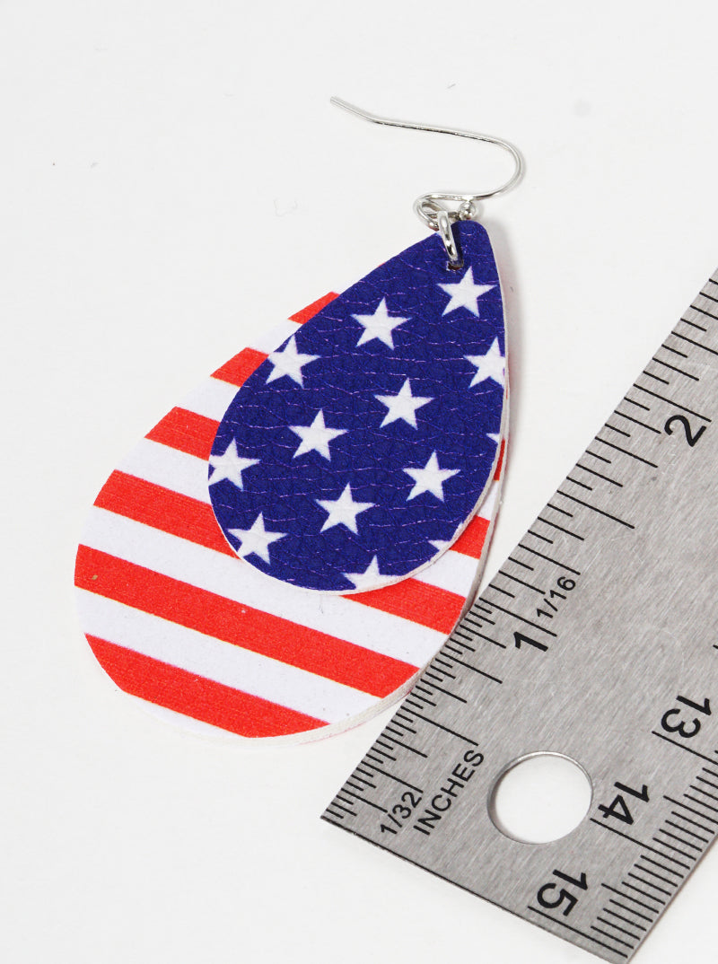 Double Teardrop USA Flag Printed Leatherette Dangle Drop Earrings